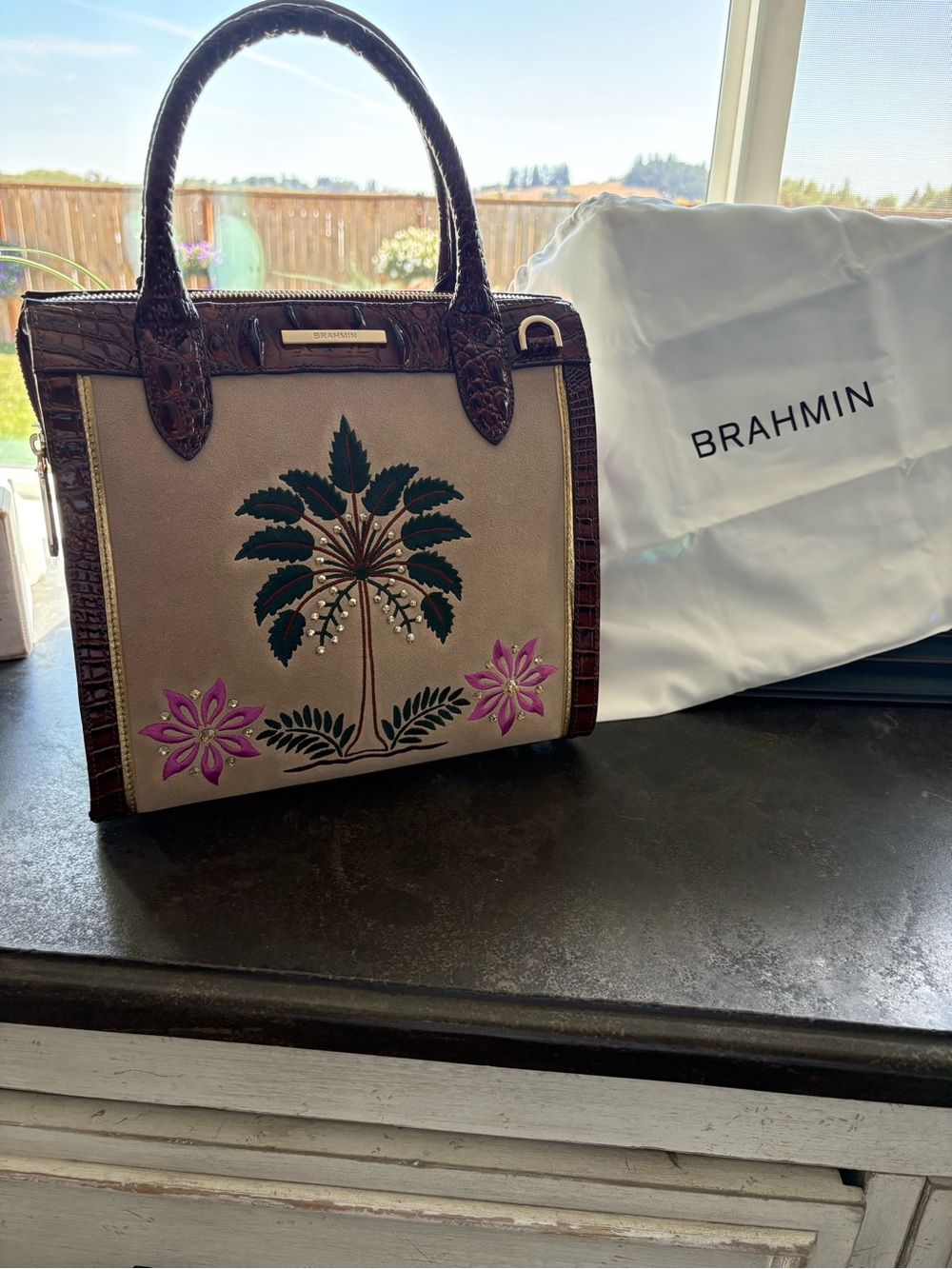Brahmin Taupe Satchel with Brown Croc Trim and Green & Pink Embroidery